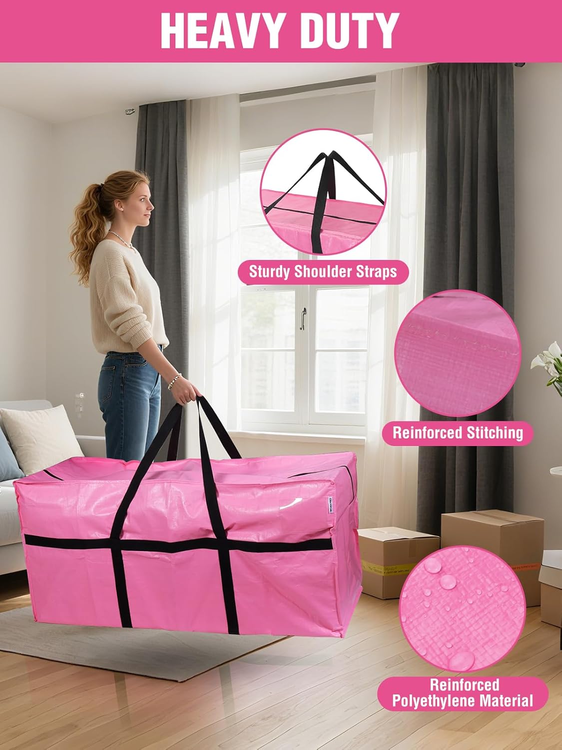 WORKPRO 2-Pack 66 Gallon Extra Large Moving Bags with Zippers, Carry Handles, Heavy-Duty, Water-Resistant Storage Totes for Moving & Space-Saving Organization, Pink