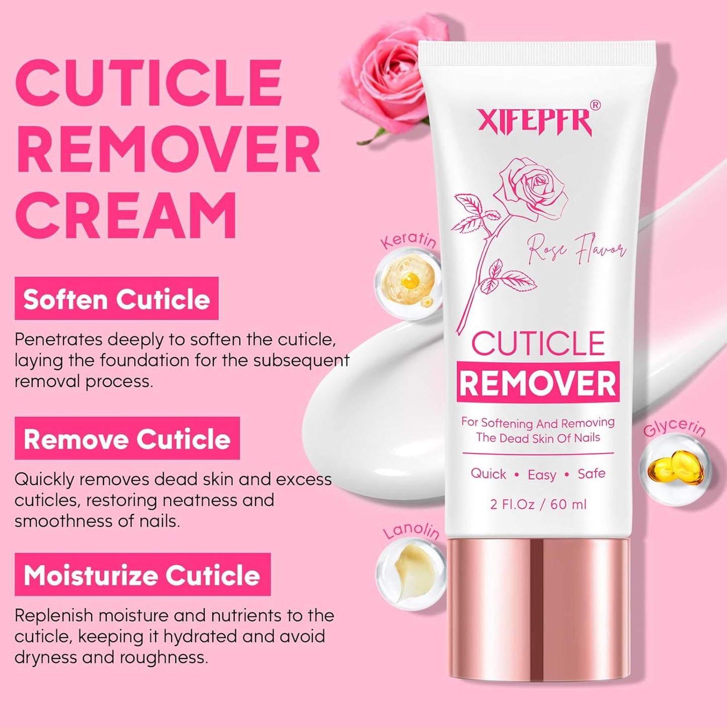 Cuticle Remover Kit - Cuticle Remover Cream & Cuticle Oil, Rose Flavor Cuticle Care Kit with Cuticle Trimmer Cuticle Pusher Cuticle Nipper for Manicure, Removedor de Cuticula for Nail Care