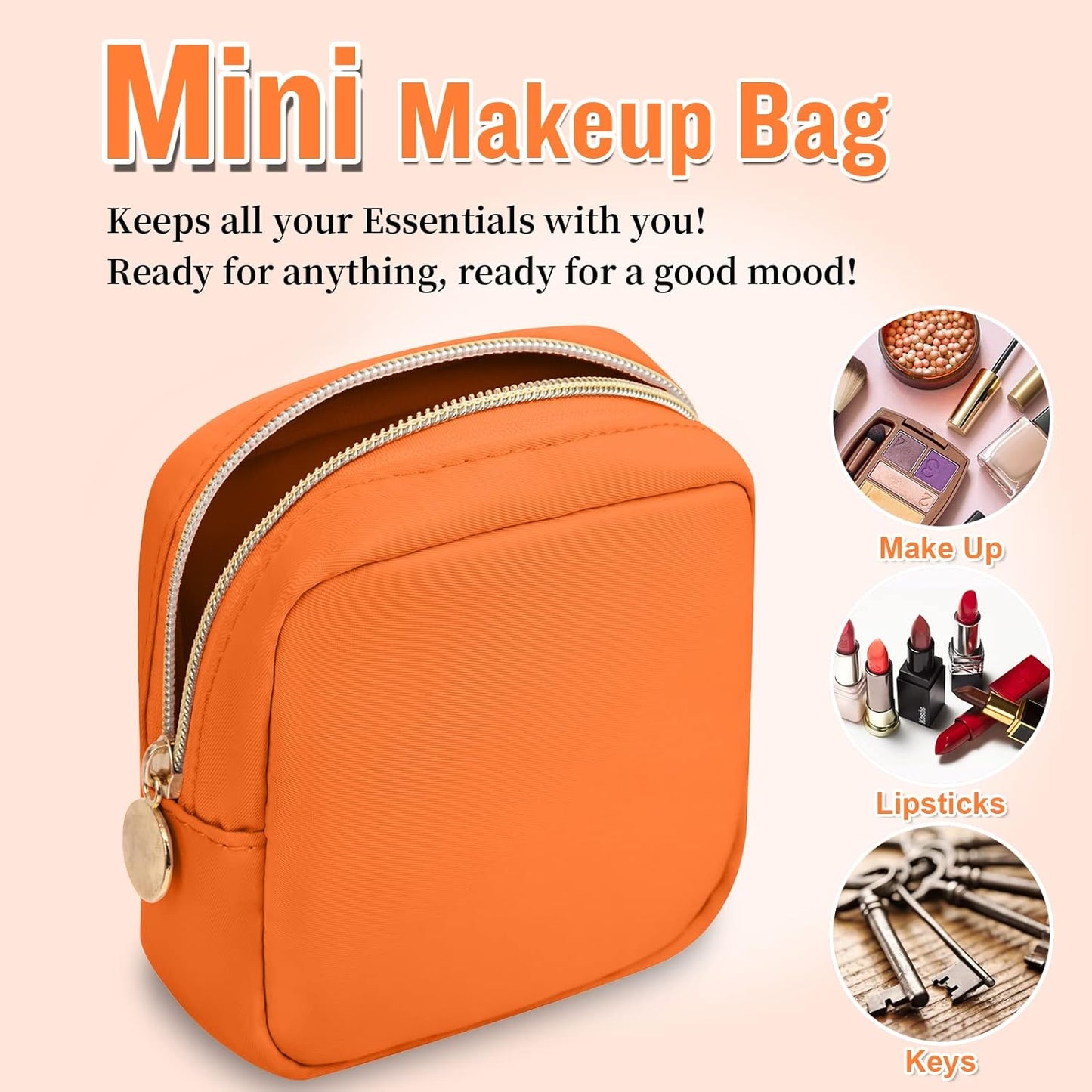 Nylon Mini Makeup Bag for Purse, Preppy Small Cute Makeup Bag Cosmetic Zipper Pouch Purse, Waterproof Travel Coin Pouch Sanitary Napkin Storage Bag Clutch Makeup Organizer Bag for Women Girls(Orange)