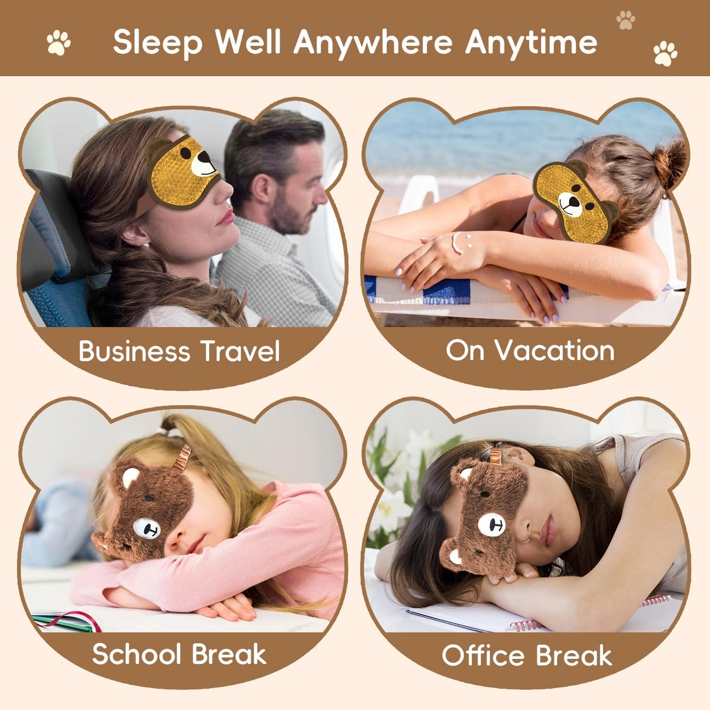 Cooling Eye Mask and Sleep Mask Eye Cover Girls Boys Birthday Cute Teens Woman, Cold Warm Eye Compress for Dry Eyes Spa at Home Travel Plush Blindfold Sleeping Unicorn Bear Cat Brown