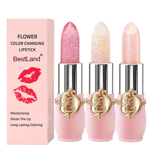 BestLand 3 Pcs/Set Flower Jelly Lipstick Set Temperature Change Moisturizer Long Lasting Nutritious Glossy Shine Lip Balm Magic Gold Crystal PH Color Change Lip Gloss for Women