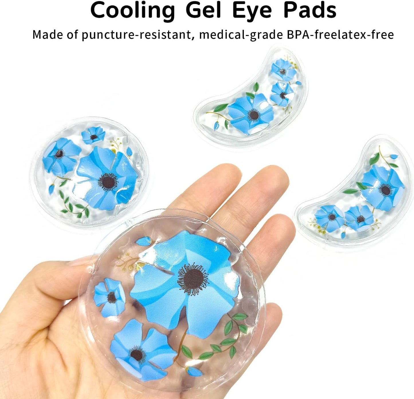 4PCS Gel Eye Ice Pack Set, Cold & Hot Compress, Reusable Cooling Gel Pads for Strain Relief, Swelling, Dark Circles, Redness, Puffy Eyes, Surgery Recovery (4 Blue flowers)