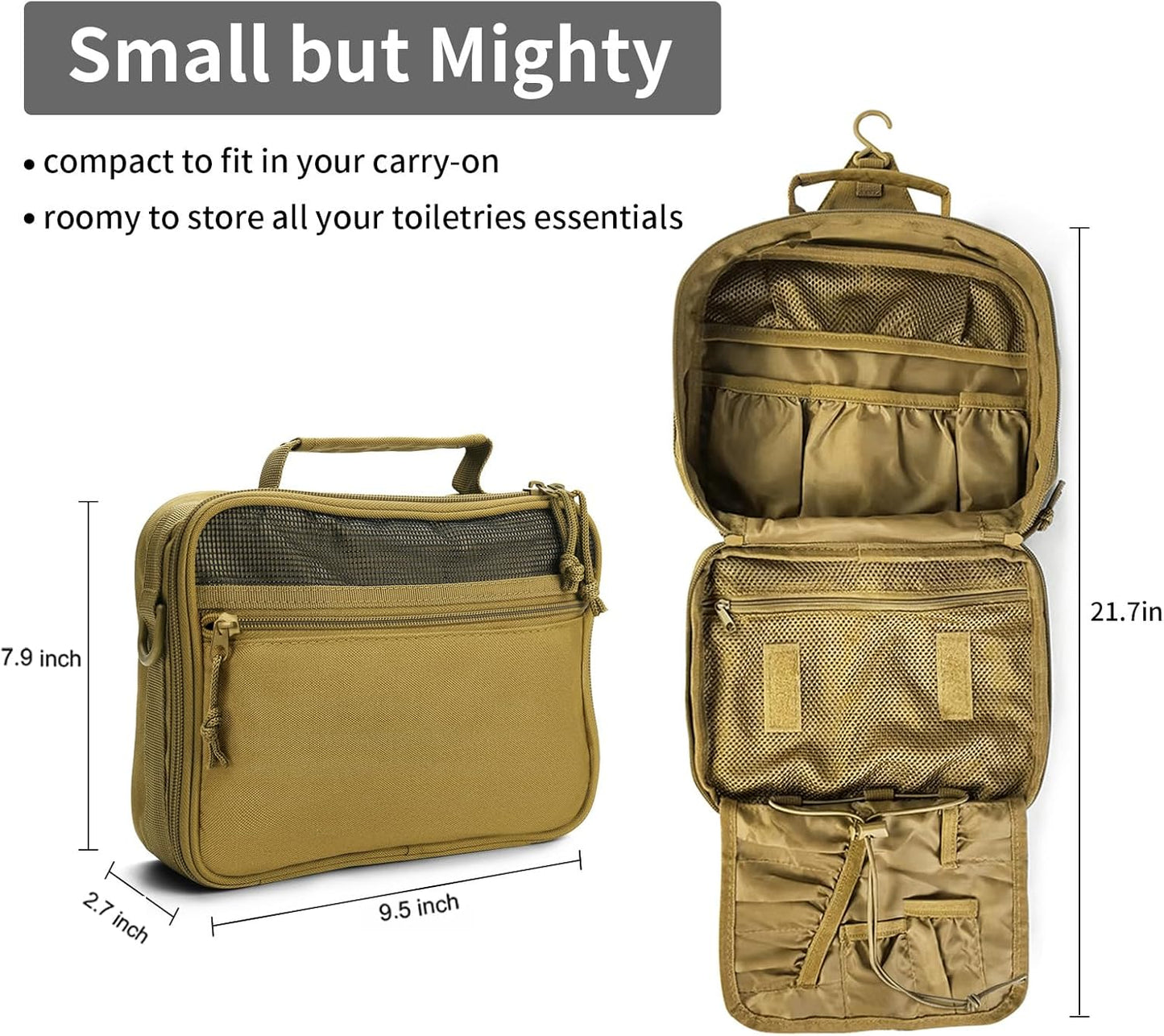 SMONT Toiletry Bag for Men Travel Toiletry Organizer Dopp Kit Organizer Toiletries Travel Bag Shaving Hygiene Bag Bathroom Hanging Men's Toiletry Bag for Short Trips Khaki