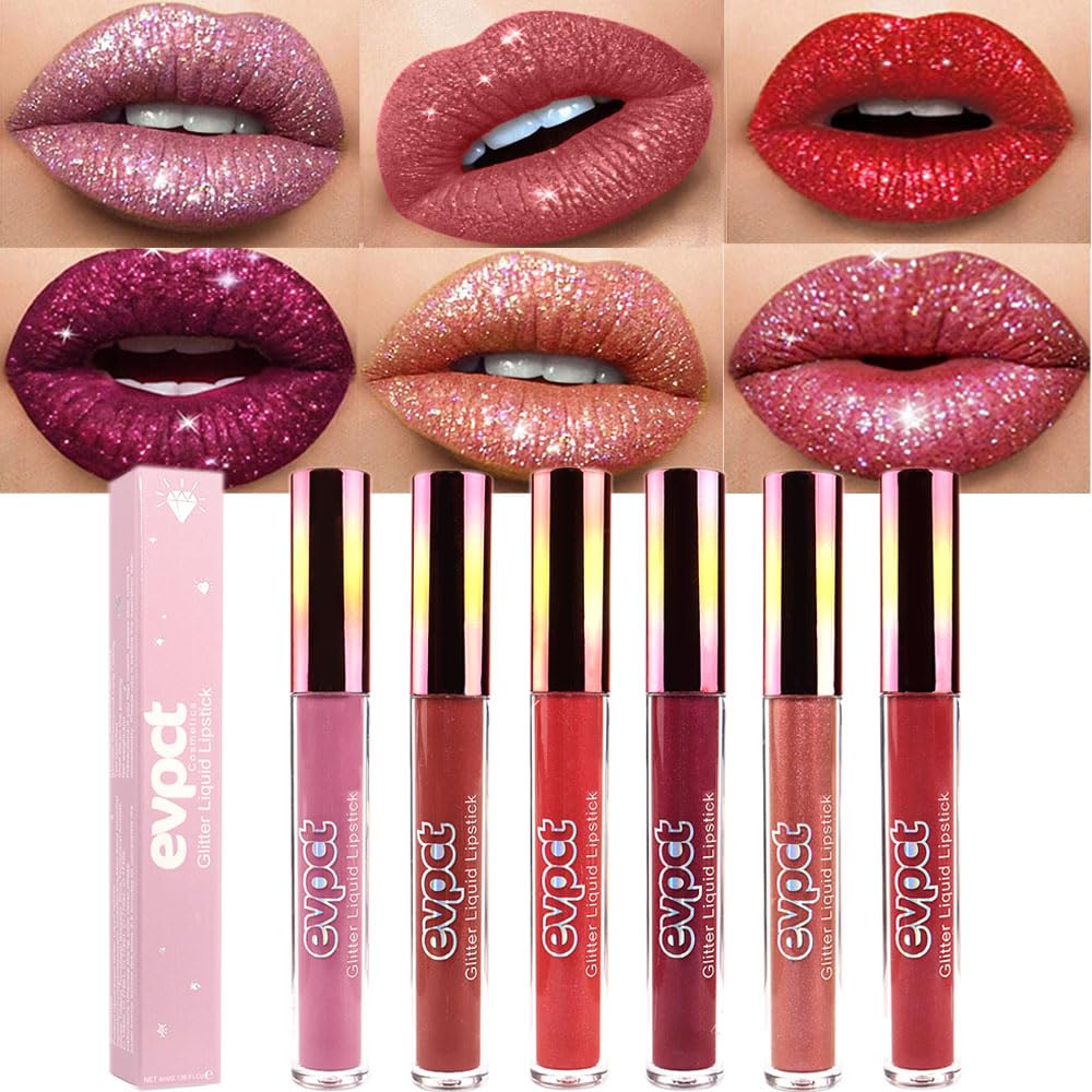 evpct 6Pcs Diamond Lip Gloss Matte to Glitter Liquid Lipstick Waterproof, Metallic Metal Shimmer Liquid Diamond Glitter Sparkle Sparkling Lipstick Lip Gloss Sets for Women Lips Kit, glitter+lipstick