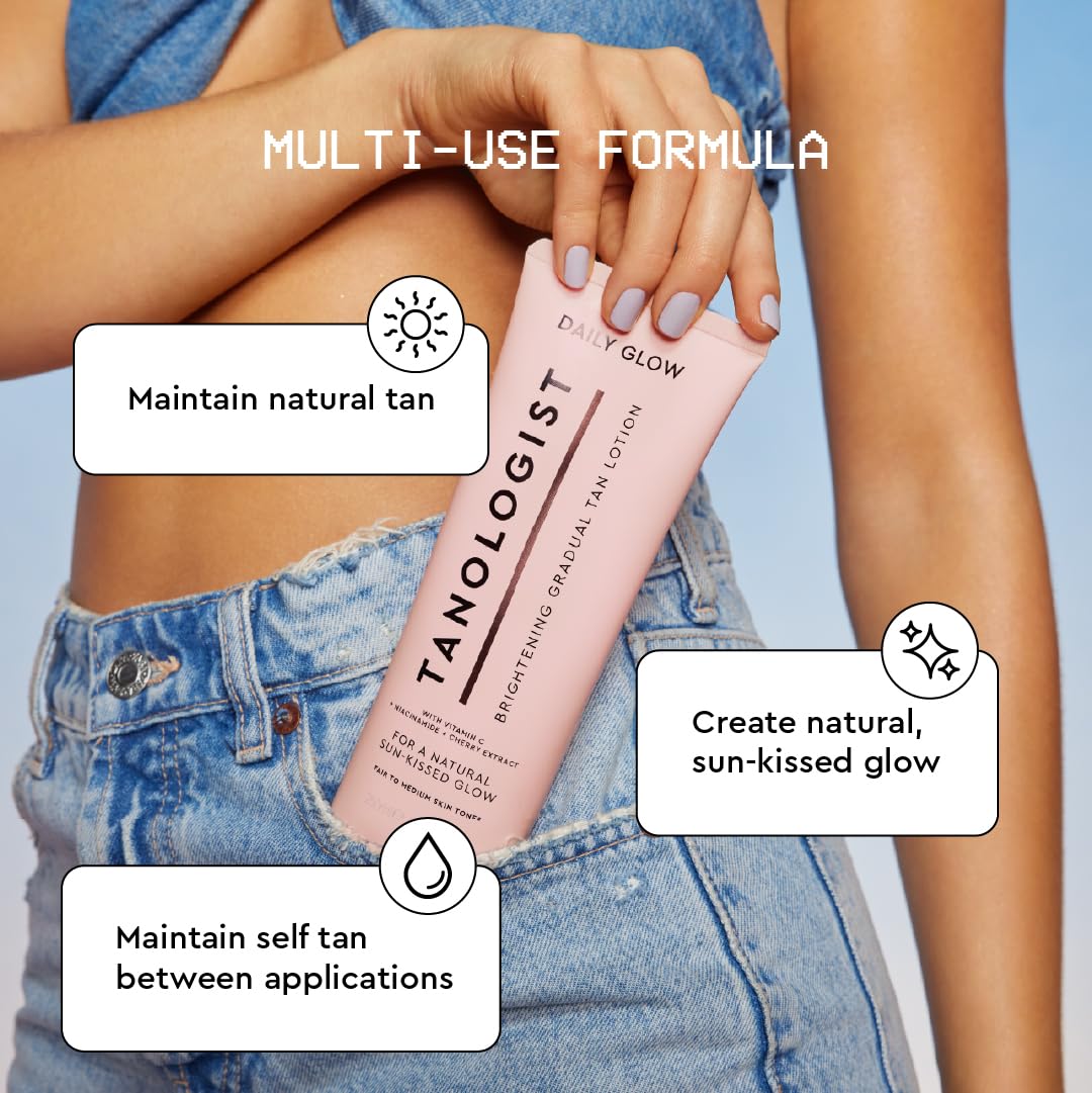 Tanologist Brightening Daily Glow Body Lotion- Medium/Dark, Gradual Tanning Lotion, No Fake Tan Smell, Streak-Free & Natural Looking Self Tanner, Vegan, 8.45 fl. oz/250 ml Tube