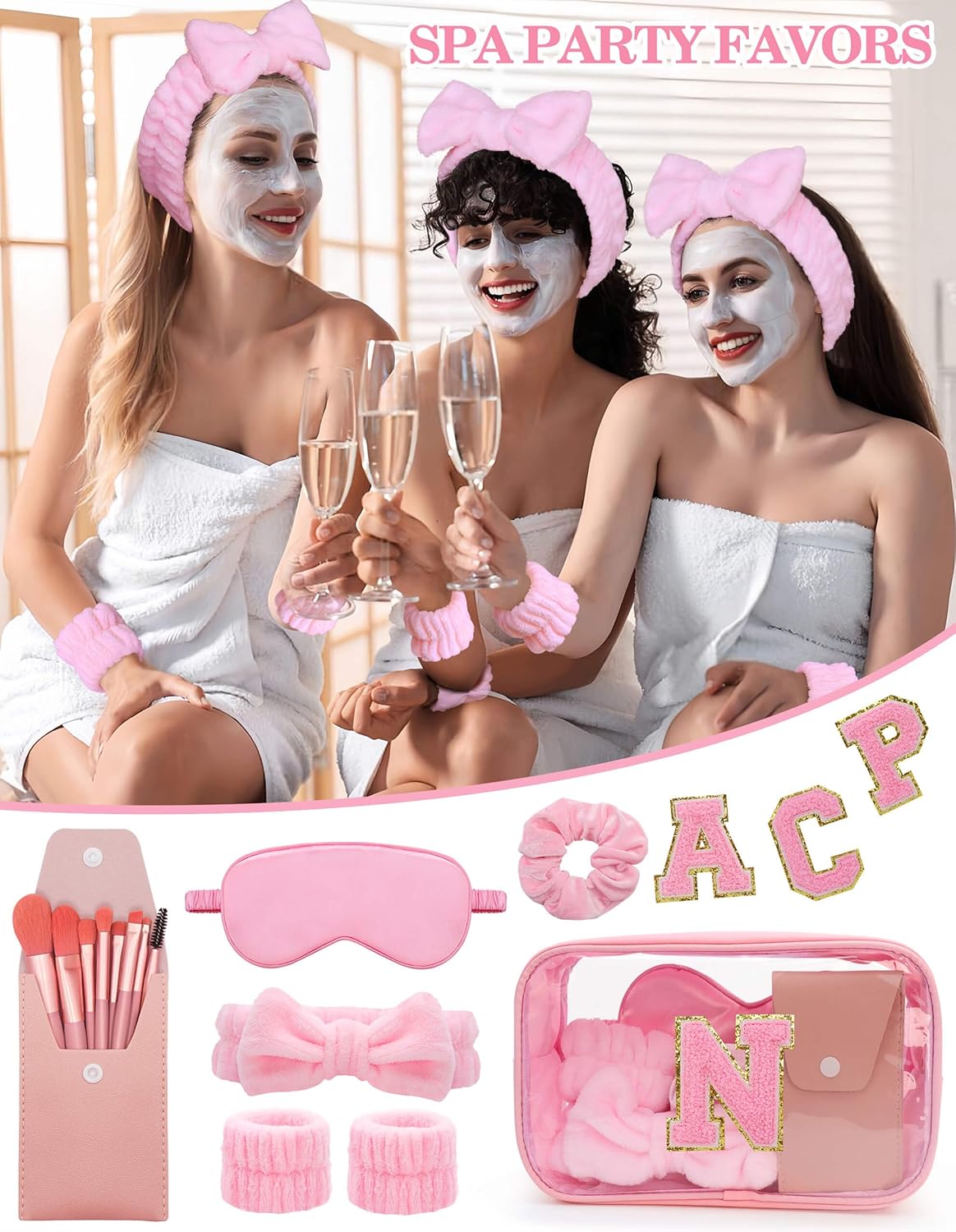 Gift Sets for Women, Initial Makeup Bag with Makeup Brush Set Bachelorette Party Favors, Pink Spa Kit with Skincare Headbands Wrist Bands Sleepover Party Supplies Gifts for Teen Girls Bridesmaid N