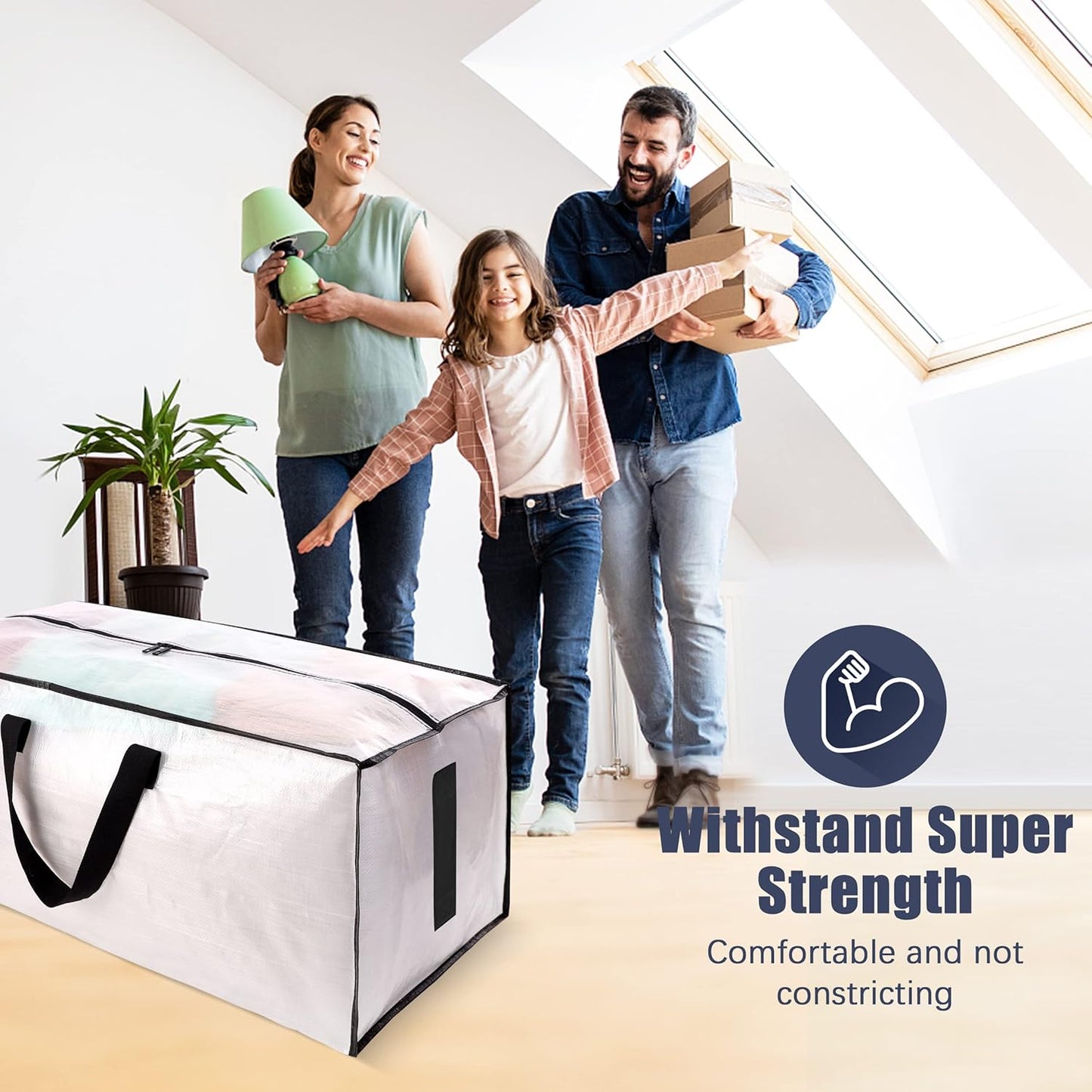 12 Pack Large Strong Moving Bags with Zippers & Carrying Handles - Water-Resistant - Heavy Duty Storage Tote for Space Saving, Fold Flat, Alternative to Moving Box (Semi-Transparent)