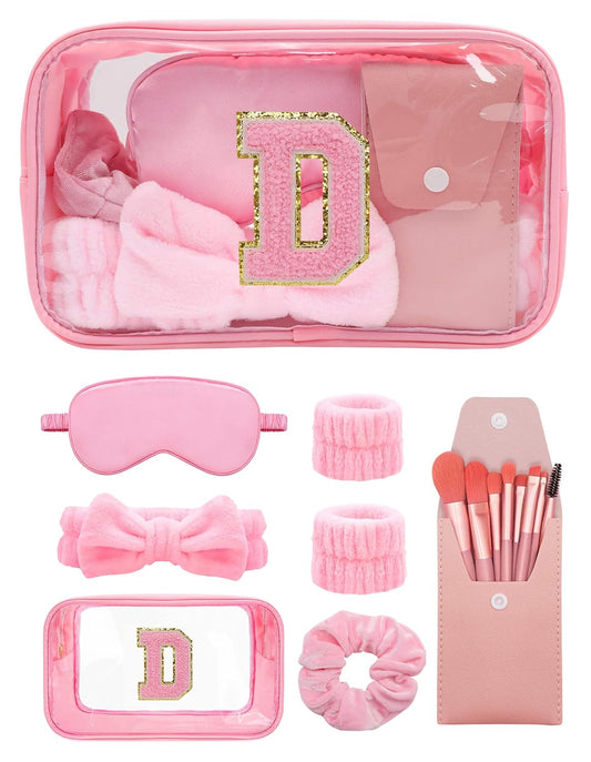 Gift Sets for Women, Initial Makeup Bag with Makeup Brush Set Bachelorette Party Favors, Pink Spa Kit with Skincare Headbands Wrist Bands Sleepover Party Supplies Gifts for Teen Girls Bridesmaid D