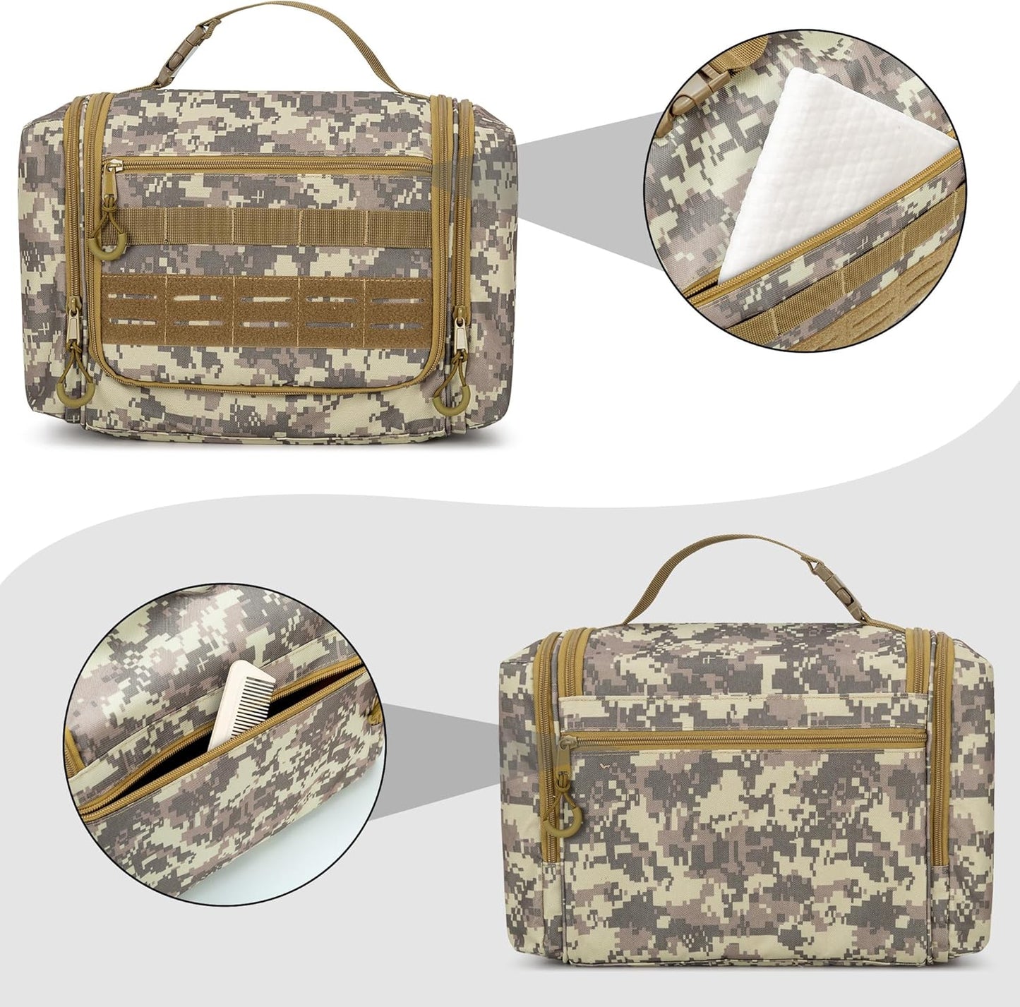 Tactical Toiletry Travel Bag for Men, Hanging Dopp Kit Hygiene Bag Shower Organizer with Hook for Toiletries and Shaving Care, Desert Yellow (Empty Bag)