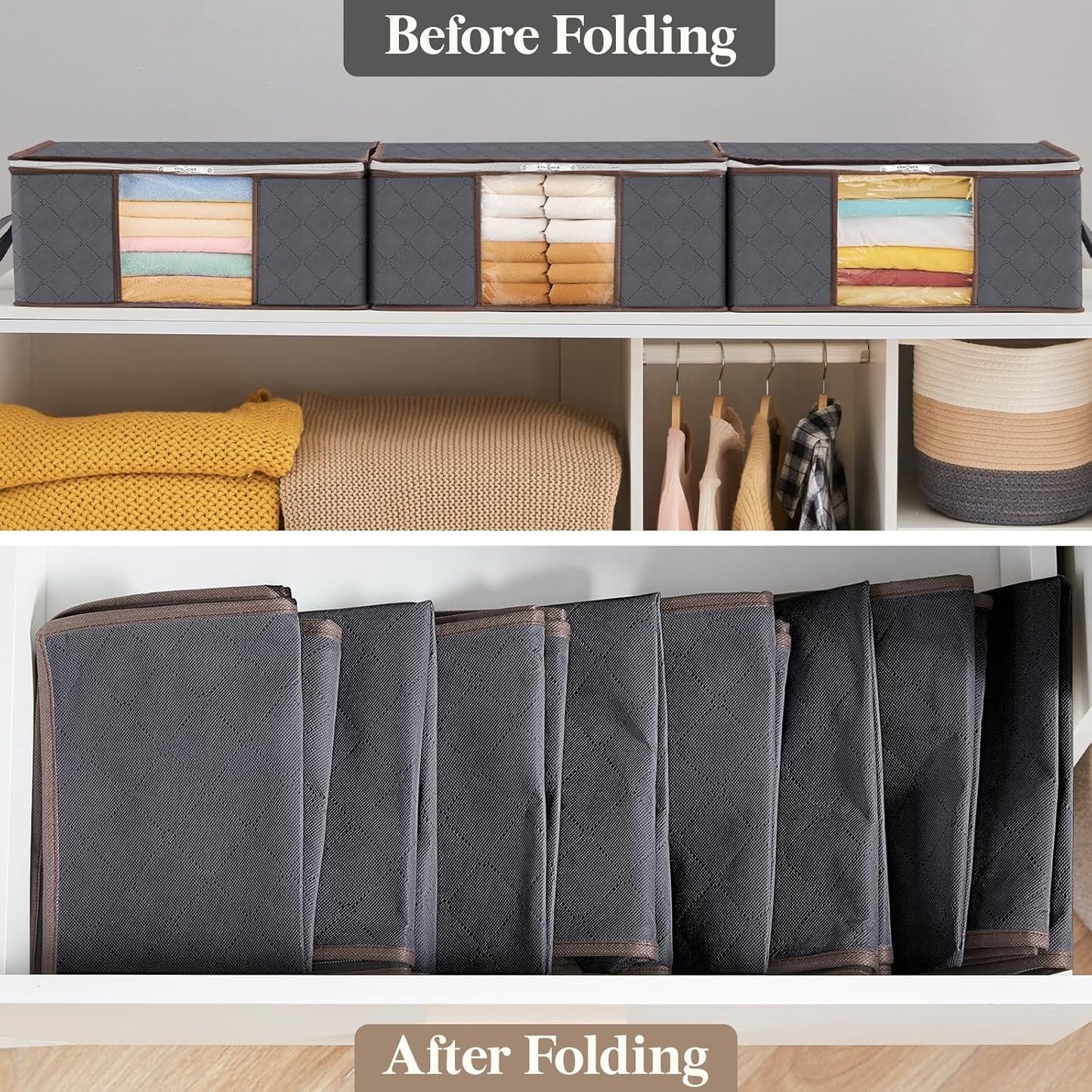 Lifewit 8 Pack Clothes Storage Bag, Foldable Storage Bin Closet Organizer with Reinforced Handle, Sturdy Fabric Blanket Storage with Clear Window, Storage Containers for Clothing, Bedding, Gray