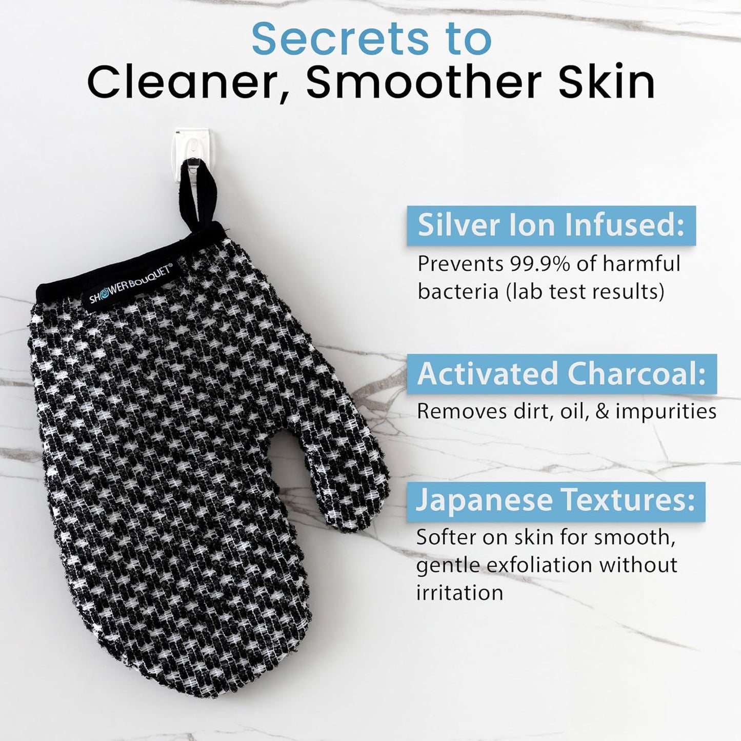 Japanese Exfoliating Mitt 2-Pack - Charcoal & Silver Ion Exfoliating Gloves for Shower - Soft Inner Fabric Gentle Exfoliation & Deep Cleansing Body Scrub Gloves for All Skin Types - 1 White, 1 Green