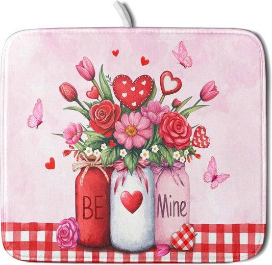Rose Vase Dish Drying Mat 16x18 inch Romantic Floral Washable Absorbent Dish Dry Pad Fast Dry Drainer Rack Mats Kitchen Counter Accessories