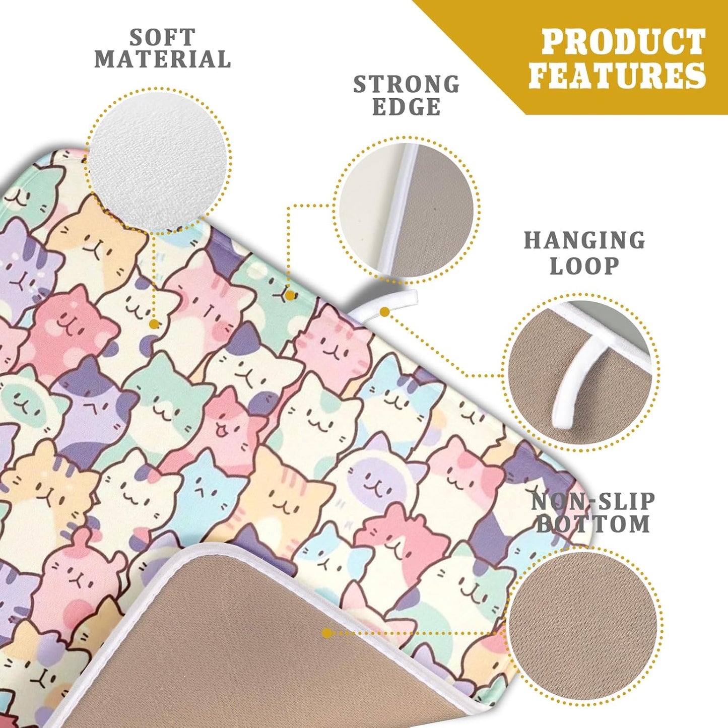 Colorful Cats Dish Drying Mat 16x18 inch Cute Animal Microfiber Reversible Fast Dry Dishes Drainer Rack Pad for Counter Kitchen Table Decor