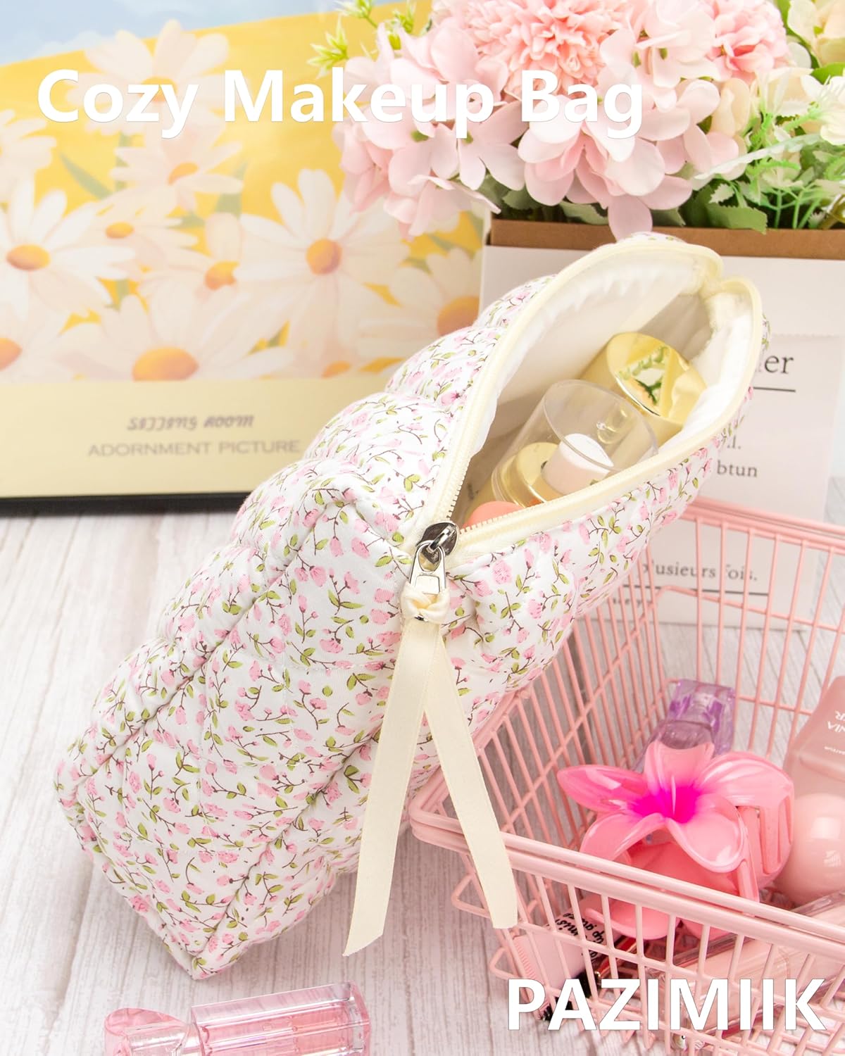 3PCS Makeup Bag SET Large Travel Quilted Zipper Soft Cosmetic Case Pouch for Women Girls Make Up,Floral Pink