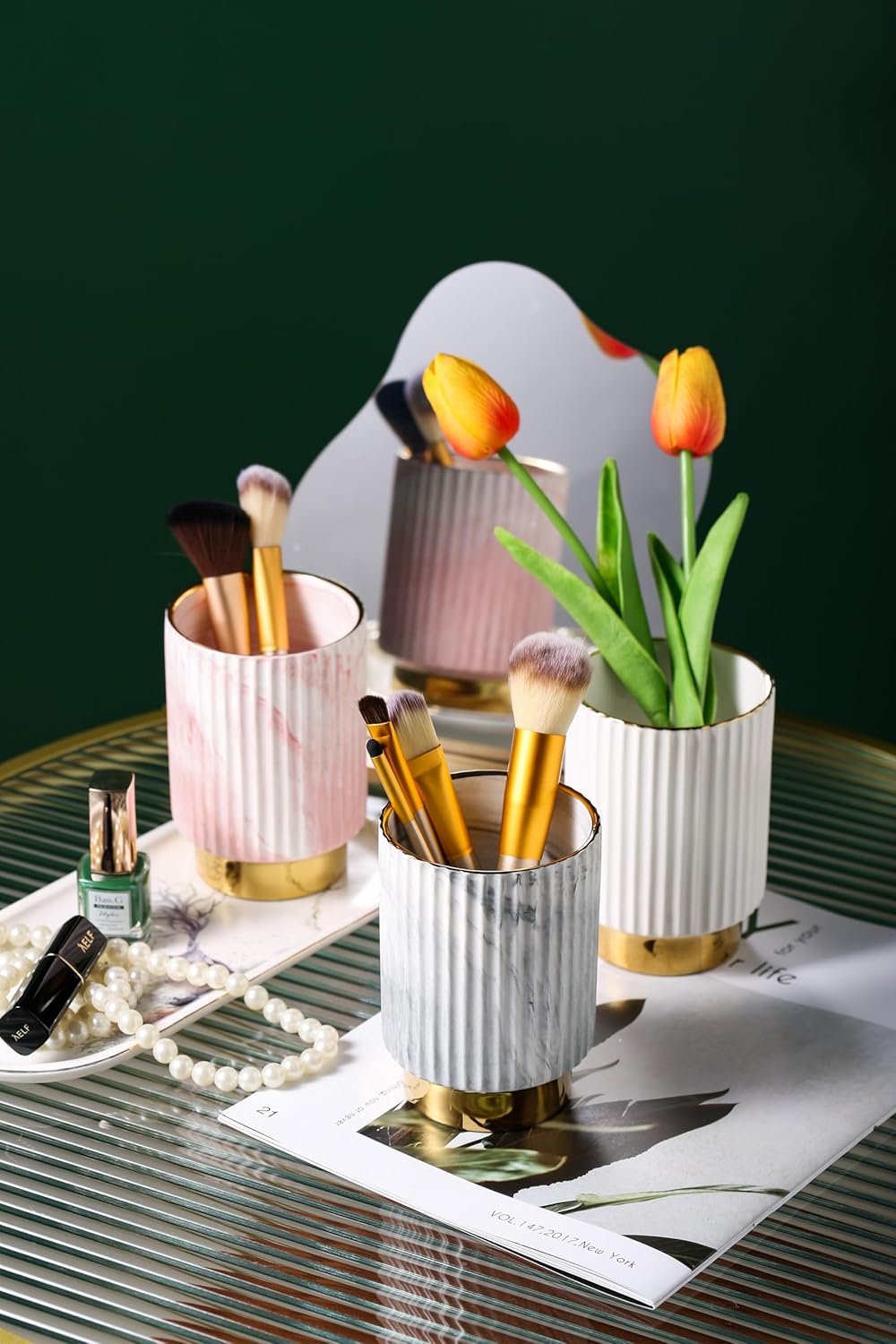 IEEK Makeup Brush Holder Organizer - Comb Brushes, Pens, Pencils, Glasses & Toothbrushes - European Style Striped Container, Grey and Gold