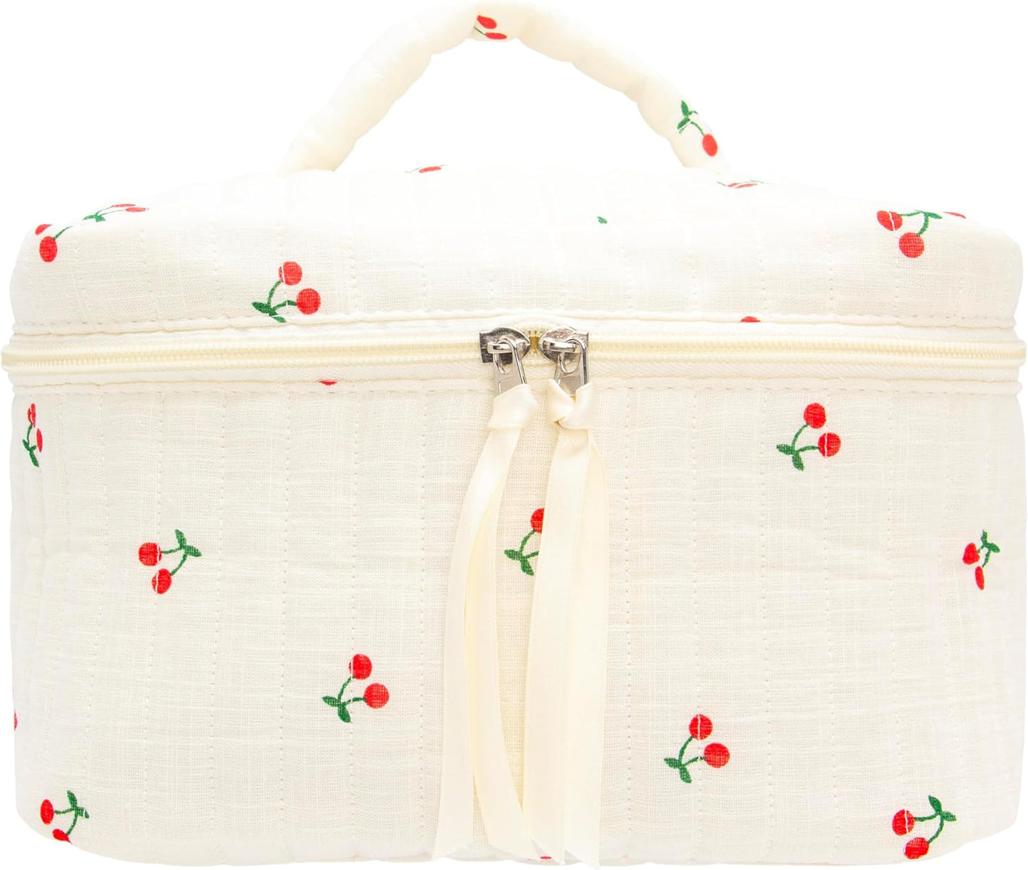 PAZIMIIK Quilted Makeup Bag Large Travel Zipper Soft Cosmetic Case for Women Girls Make Up,Cherry Beige