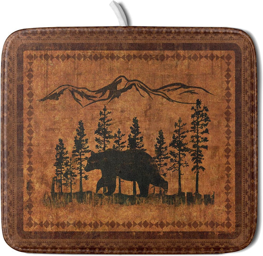 Forest Bear Dish Drying Mat 16x18 Inch Rustic Cabin Washable Microfiber Absorbent Dishes Drainer Rack Pad for Kitchen Counter Home Decor