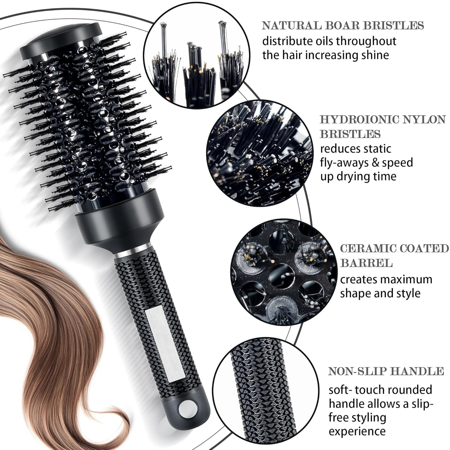 SIMPOR Round Brush, Nano Thermal Ceramic & Ionic Tech Round Barrel Hair Brush with Boar Bristles, Roller for Blow Drying (Black, 2.4 Inch, Barrel 1.3 inch, 32mm)