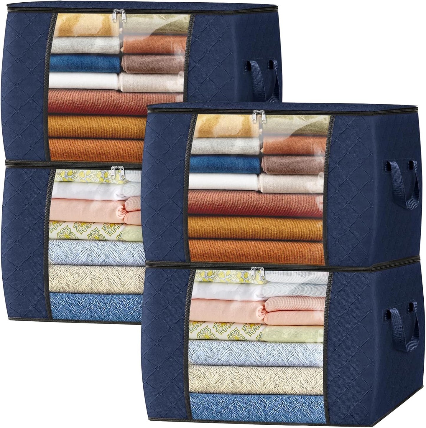 Fab totes 24 Gallons Clothes Storage, Foldable Thick Fabric Blanket Storage Bags, Containers for Organizing Bedroom, Closet, Clothing, Comforter, Organization with Handle (4 Pack,Blue)