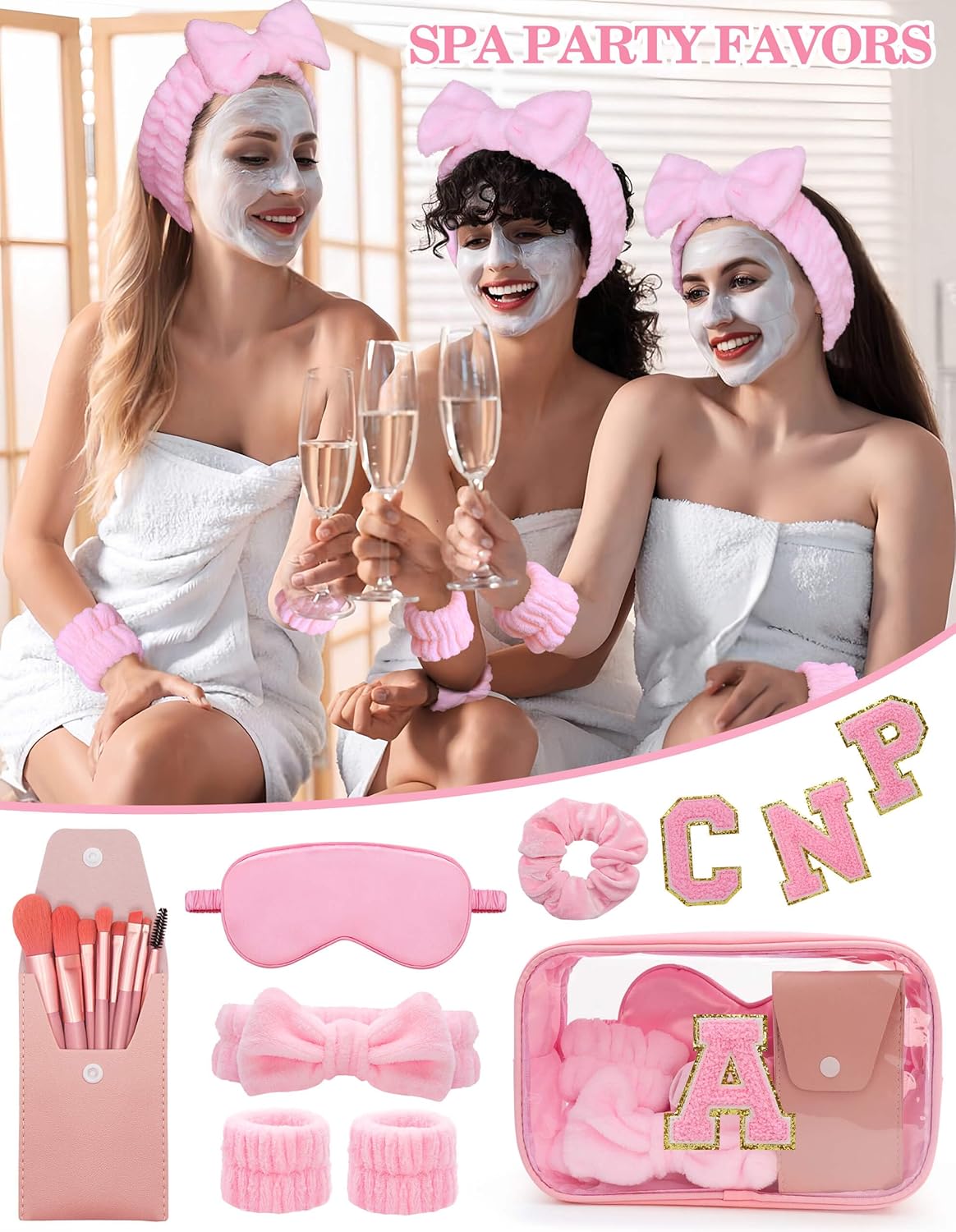 Gift Sets for Women, Initial Makeup Bag with Makeup Brush Set Bachelorette Party Favors, Pink Spa Kit with Skincare Headbands Wrist Bands Sleepover Party Supplies Gifts for Teen Girls Bridesmaid A