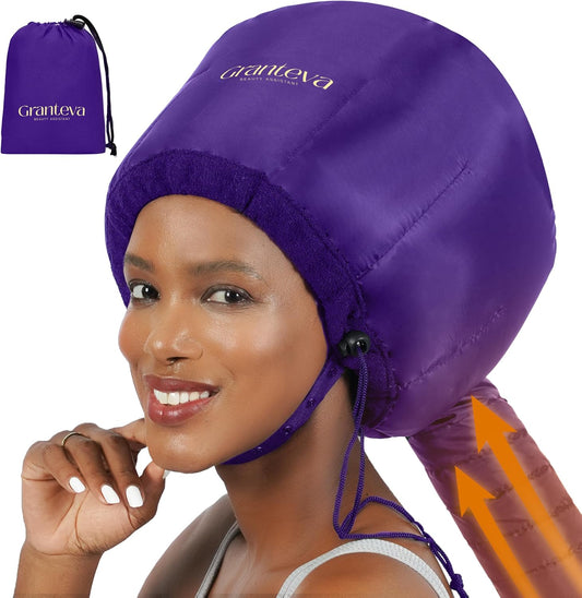 Bonnet Hair Dryer Attachment w/A Headband Integrated That Reduces Heat Around Ears & Neck - Diffuser Cap for Hair Dryer Curly Hair, Speeds Up Drying Time, Deep Conditioning at Home - Large (Purple)