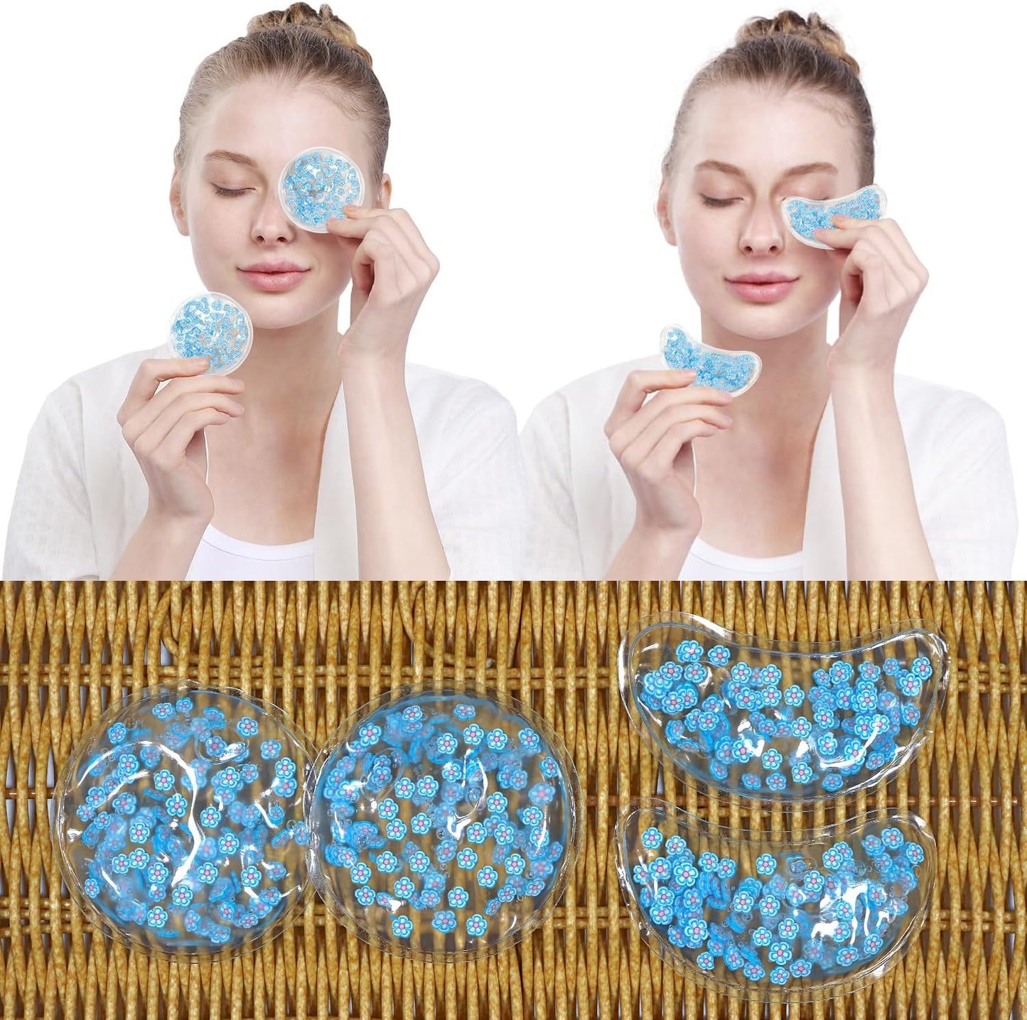 4PCS Gel Eye Ice Pack Set, Cold & Hot Compress, Reusable Cooling Gel Pads for Strain Relief, Relaxation, SPA and Sleep (4 Blue Flowers-2)