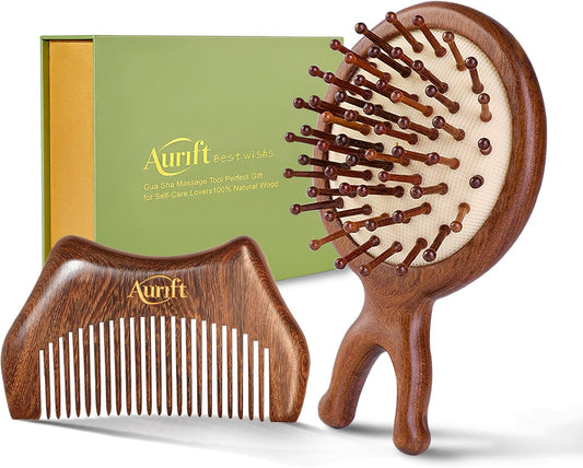 Scalp Massager Brush & Gua Sha Tool Set - Wooden Comb for Scalp Stimulation, Facial Massage & Relaxation, Handcrafted Natural Self-Care Gift Set with Storage Bag, King Wood
