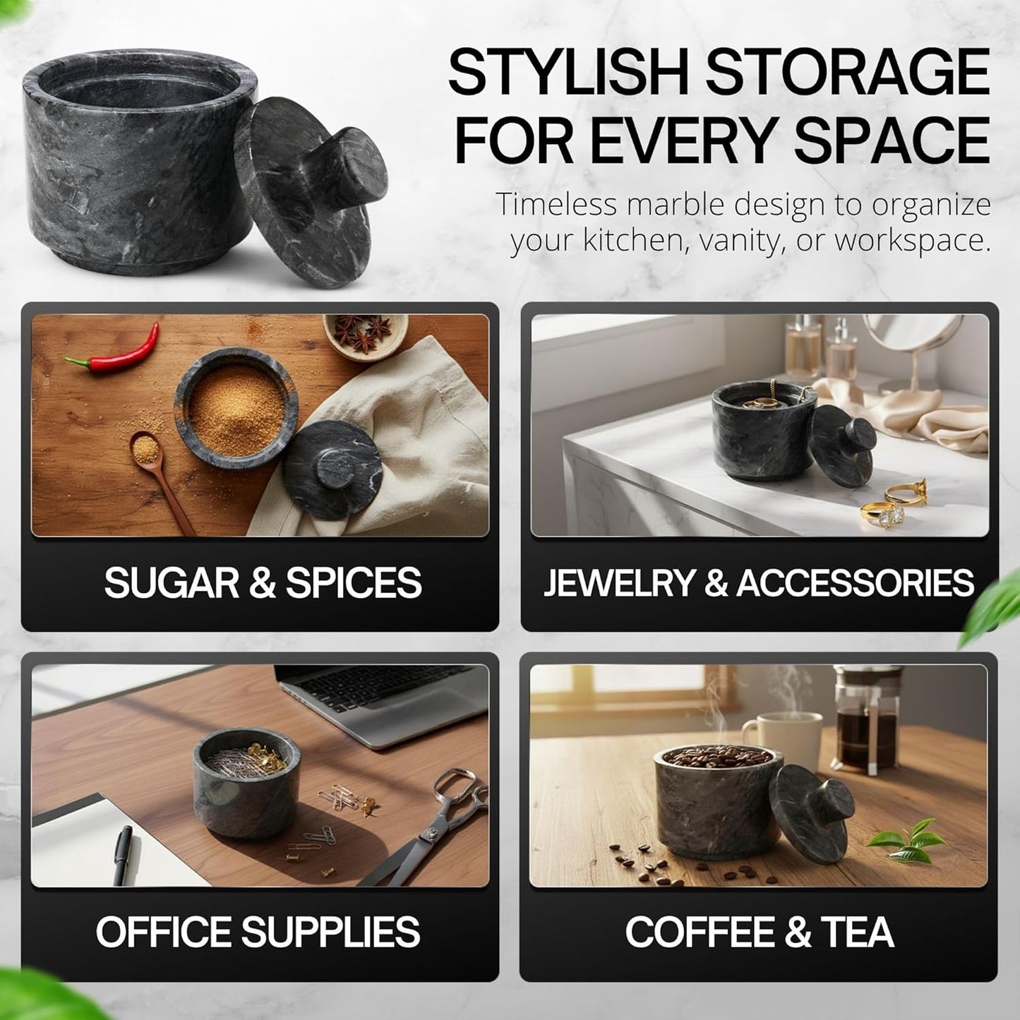 Flexzion Marble Salt Cellar with Lid, Multi-Purpose Marble Container for Salt, Pepper, Paprika and Powdered Herbs, Salt Containers for Countertop, Box for Jewelry, Watches & Accessories (Black)