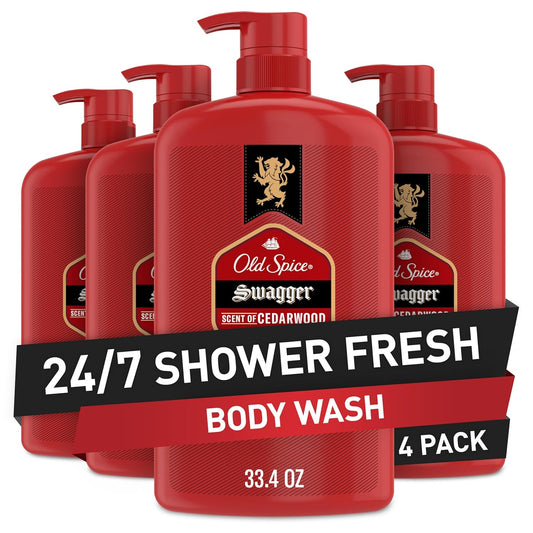 Old Spice Body Wash for Men, Refreshing 3X Defense, 24/7 Shower Fresh with Long Lasting Scent, Red Collection, Swagger with Cedarwood Scent, 33.4 oz (Pack of 4)