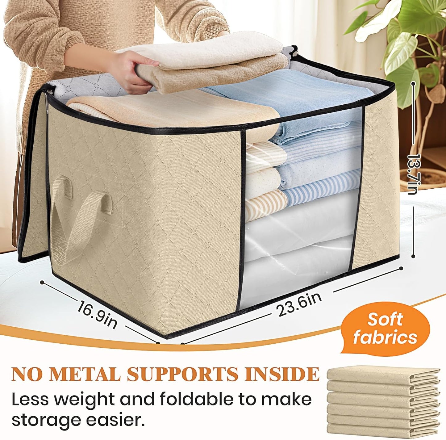 Fab totes 24 Gallons Clothes Storage, Foldable Thick Fabric Blanket Storage Bags, Containers for Organizing Bedroom, Closet, Clothing, Comforter, Organization with Handle (8 Pack,Beige)