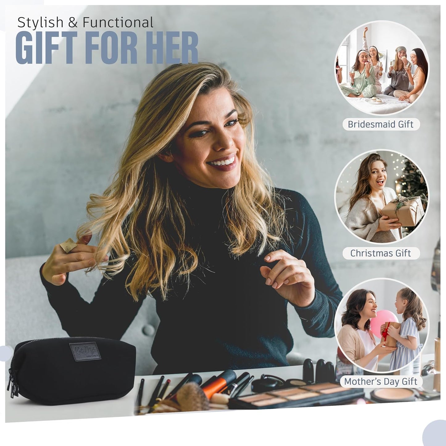 Kat Myhr Neoprene Washable Travel Makeup & Cosmetic Bag Set, 2 Air Mesh Pouches,100% Neoprene Toiletry Bag, Large Water Resistant Travel Bag for Toiletries, Makeup Cosmetic Travel Bag (Jet Black)