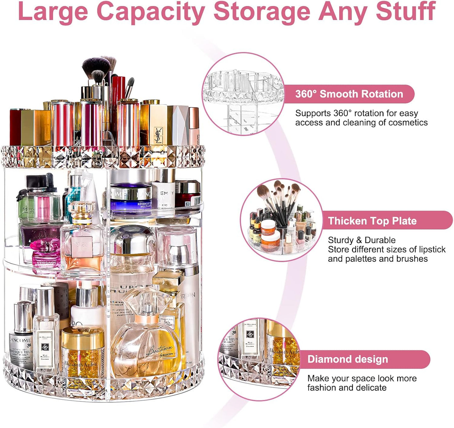 V-HANVER Makeup Organizer Combo - 360° Rotating Makeup Organizer with 7 Adjustable Layers Acrylic Skincare Organizer Large Cosmetic Display Case Clear Perfume Organizer with Makeup Palette Organizer
