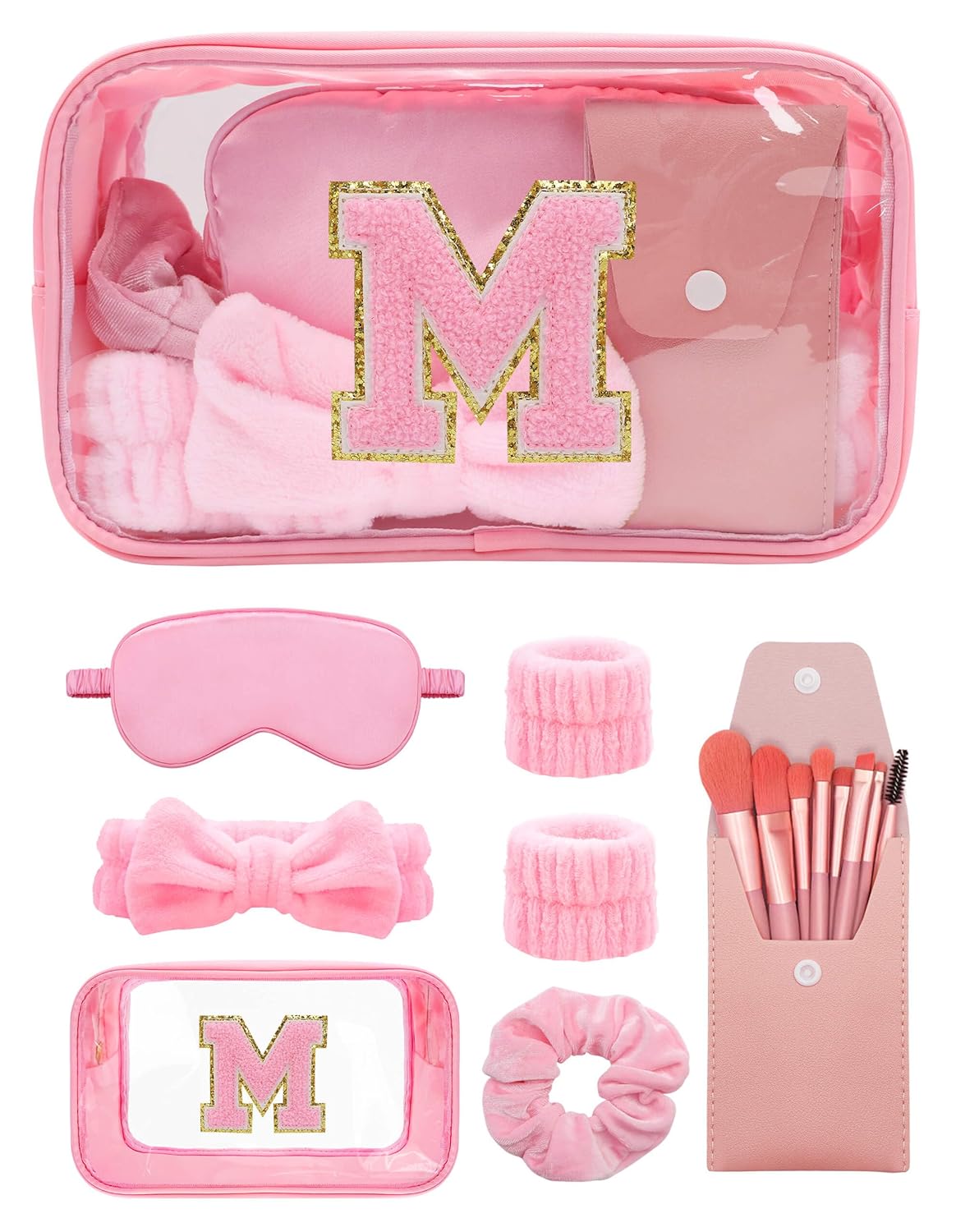 Gift Sets for Women, Initial Makeup Bag with Makeup Brush Set Bachelorette Party Favors, Pink Spa Kit with Skincare Headbands Wrist Bands Sleepover Party Supplies Gifts for Teen Girls Bridesmaid M