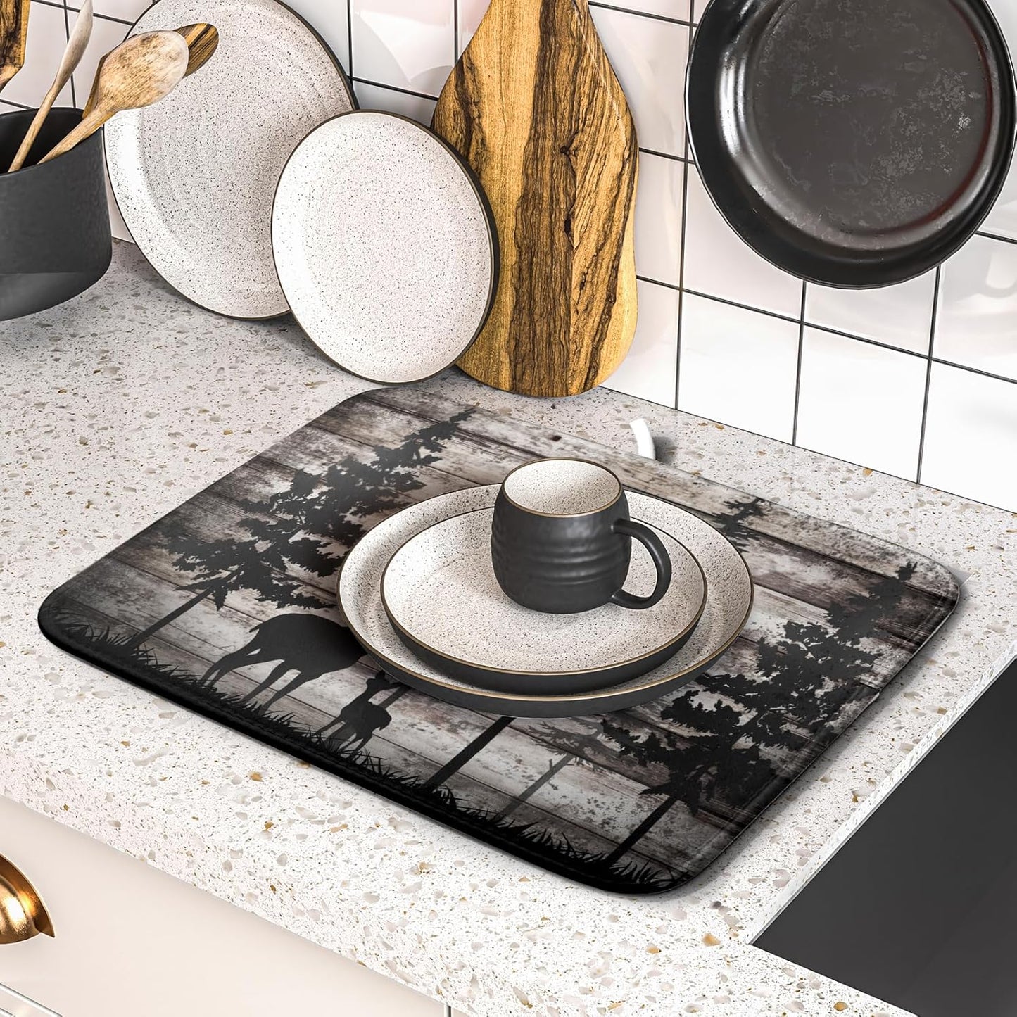 Forest Deer Dish Drying Mat Wildlife Animal Decorative Microfiber Dishes Pad 16x18 Inch Absorbent Reversible Kitchen Counter Drainer Mats