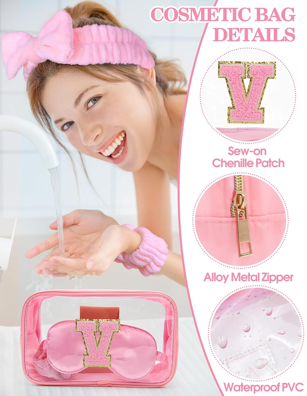 Gift Sets for Women, Initial Makeup Bag with Makeup Brush Set Bachelorette Party Favors, Pink Spa Kit with Skincare Headbands Wrist Bands Sleepover Party Supplies Gifts for Teen Girls Bridesmaid V