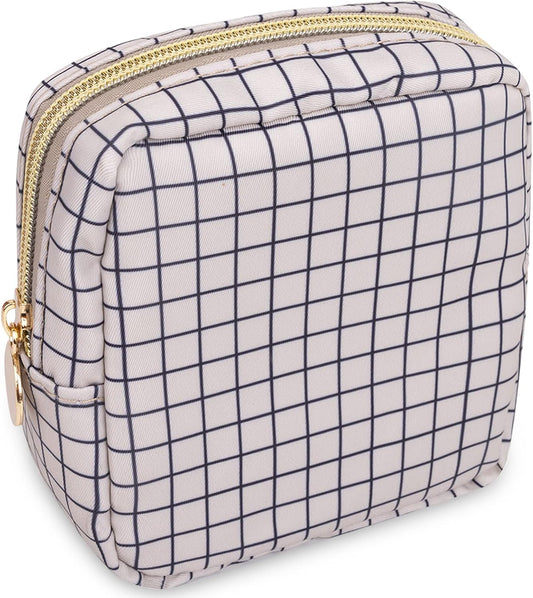 Nylon Mini Makeup Bag for Purse, Small Cute Checkered Makeup Bag Preppy Cosmetic Zipper Pouch Purse, Travel Coin Pouch Sanitary Napkin Storage Bag Clutch Make Up Organizer for Women Girls(Checkered)