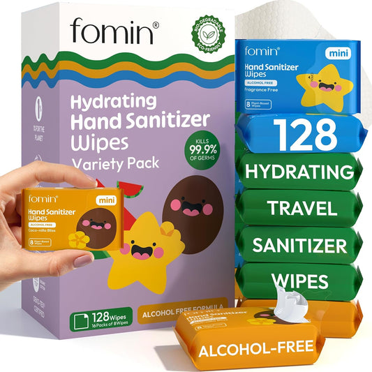 Fomin Mini Hand Sanitizer Wipes 16 Pack (8 Count) - Variety Pack Mini Wet Wipe - pH Balanced, Biodegradable, Antibacterial On The Go Hand Sanitizing Wipes - Hypoallergenic, Plant-Based Travel Wipe