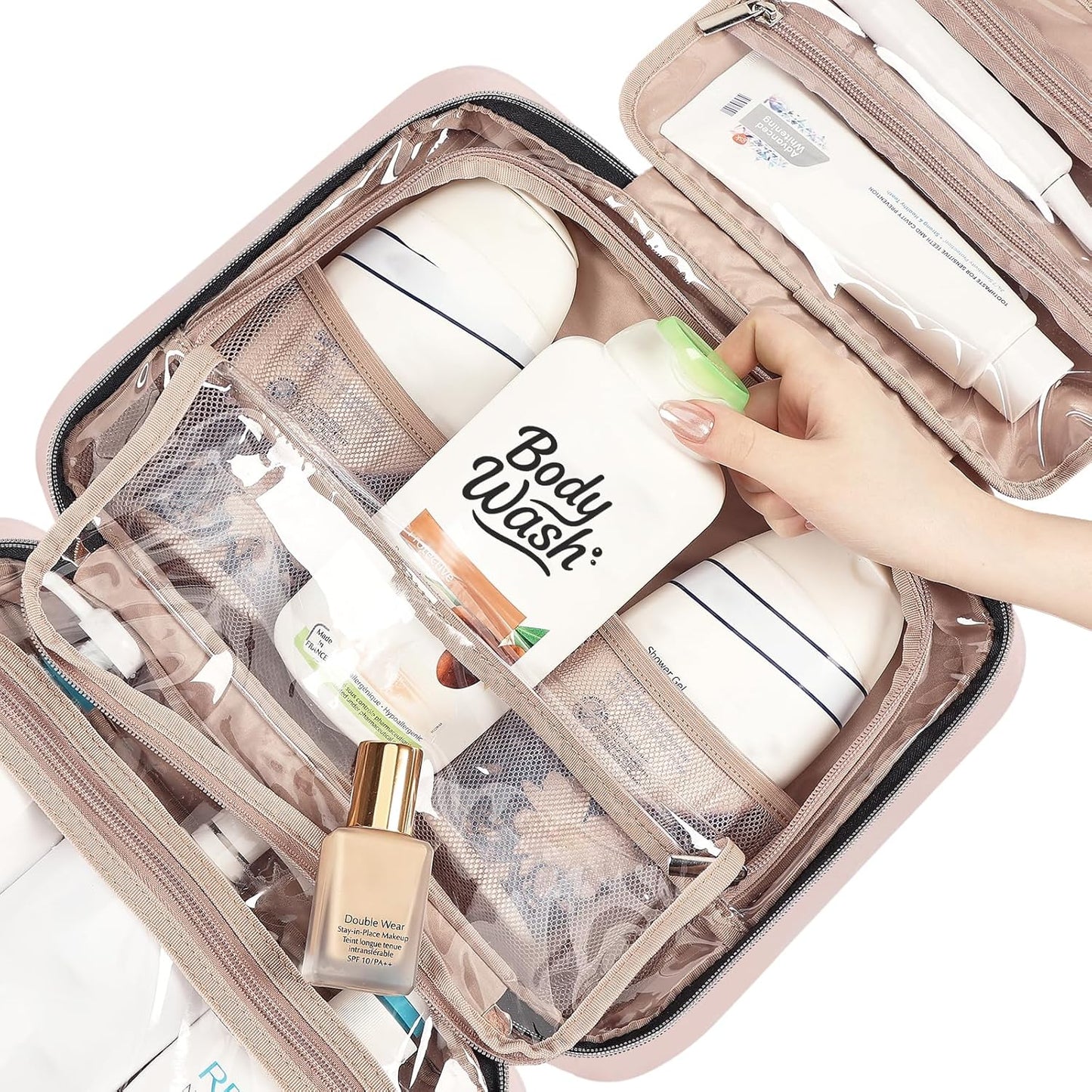 NISHEL Travel Toiletry Bag for women, Portable Hanging Organizer for Family-Sized Shampoo, Conditioner, Brushes Set, Makeup Accessories, Extra Large Size, Pink