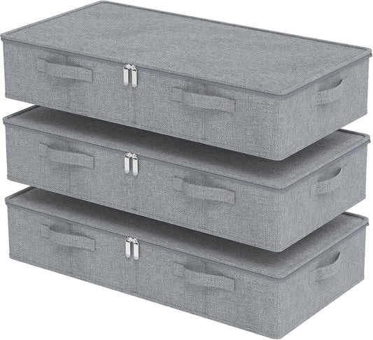 Underbed Storage Box, Foldable Under Bed Bins Container, Organizer Baskets with Lid for Organizing Clothes, Sheets, Pillows, Comforter, 31.4x15.7x5.9in, Grey, 3 Pack
