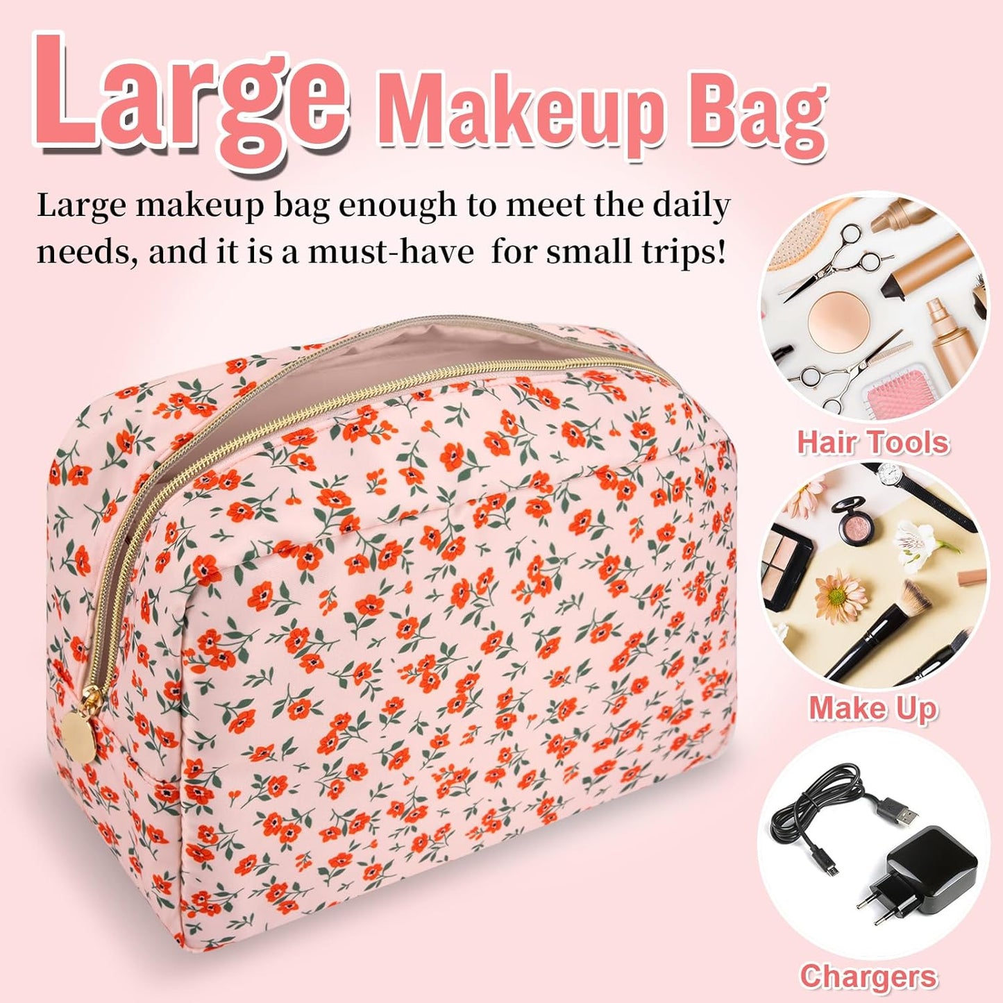Nylon Large Floral Makeup Organizer Bag, Preppy Big Cute Flower Cosmetic Zipper Pouch Multi-compartment with Dividers, Waterproof Toiletry Make Up Brushes Bag Travel Essentials for Women(Pink-Floral)