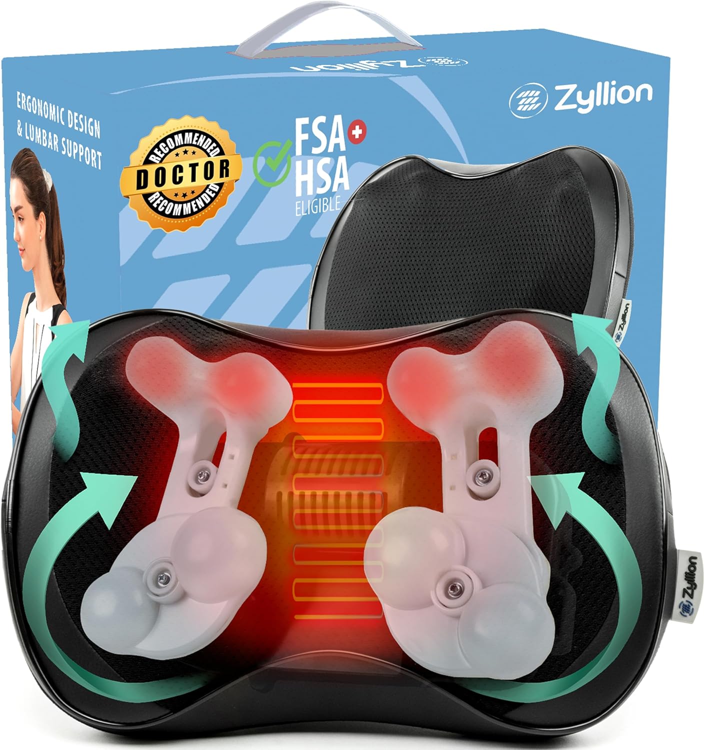 Zyllion Shiatsu Back and Neck Massager with Heat - 3D Electric Kneading Deep Tissue Massage Pillow with 8 Massaging Nodes for Muscle Pain Relief, Black, ZMA-25