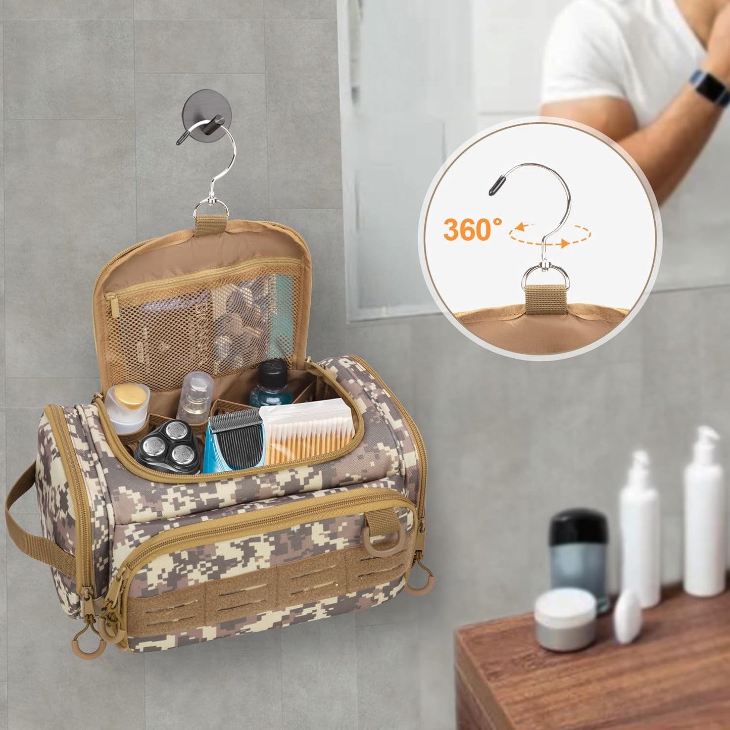 Tactical Toiletry Bag for Men, Hanging Hygiene Bag, Travel Dopp Kit Organizer for Shaving, Shower Essentials and Toiletries, Desert Yellow (Empty Bag)