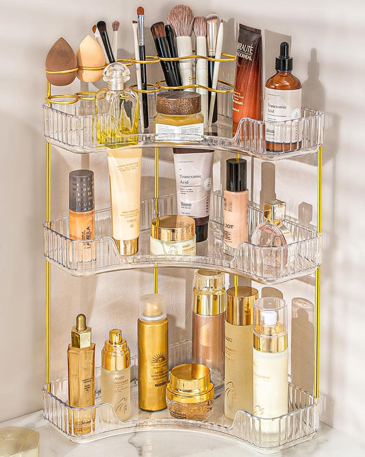 NATURE'S SOURCE Makeup Organizer for Vanity, 3-Tier Corner Bathroom Organizer Countertop with Makeup Brush Holder, Corner Counter Storage for Bathroom, Dresser, Kitchen（Clear