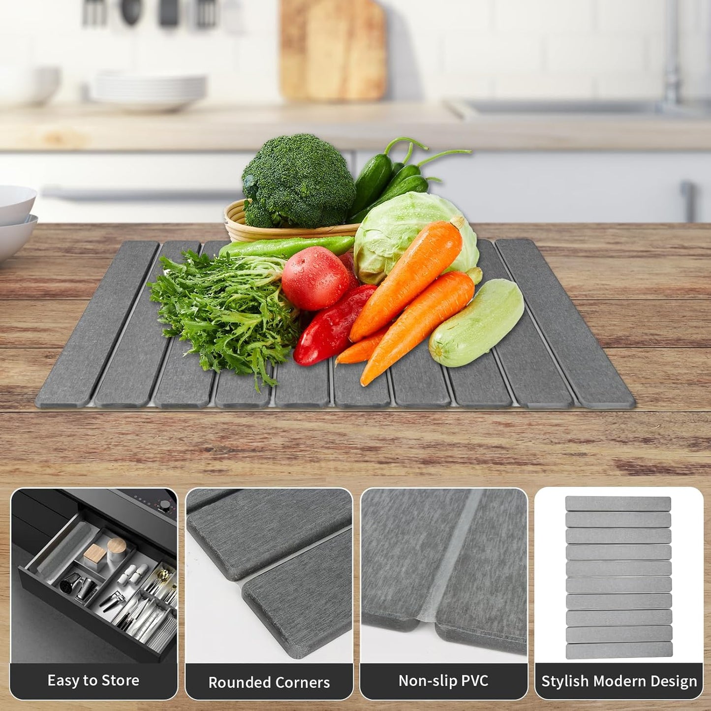 Large Stone Dish Drying Mat, 24"(L)×16"(W), Eco - Friendly Absorbent Diatomaceous Earth Mat for Kitchen Dishes, Bottles, Cups & Bathroom Countertops