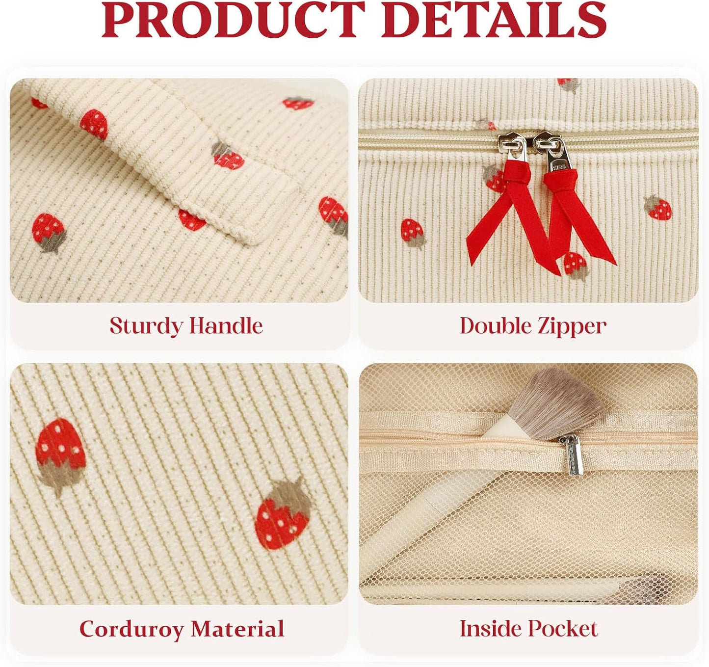 Prite Corduroy Large Travel Quilted Makeup Bag for Women Floral Cotton Cosmetic Bag Coquette Aesthetic Floral Toiletry Organizer Bag(Strawberry)