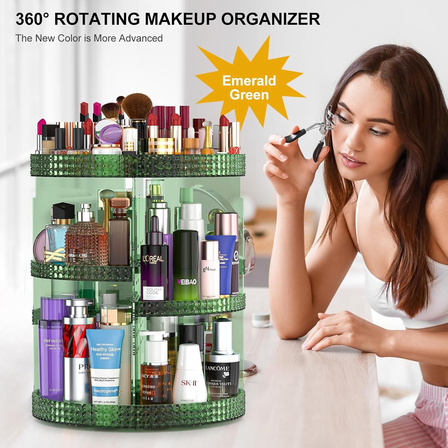 360 Degree Rotating Makeup Organizer for Vanity, Large Capacity Beauty Organizer, Adjustable DIY 7 Layers Perfume Organizer, Skincare Organizers Fits Cosmetics and Accessories(Emerald Green)