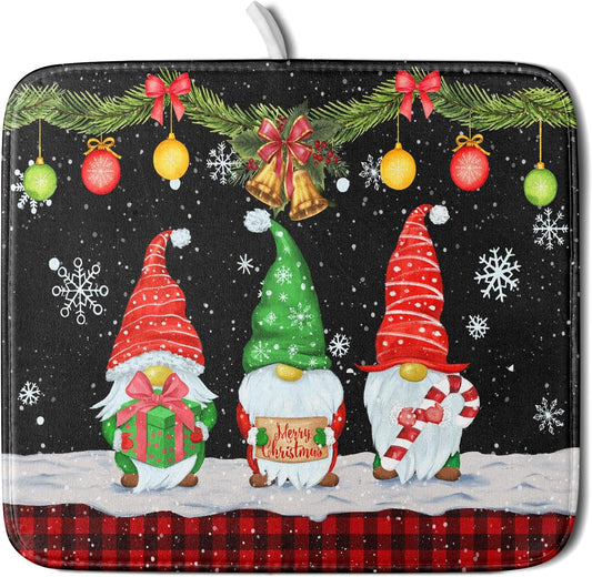 Merry Christmas Dish Drying Mat Black Gnomes Dish Drainer Mats 16x18 Inch Holiday Decorative Absorbent Dishes Pad for Kitchen Counter Sink