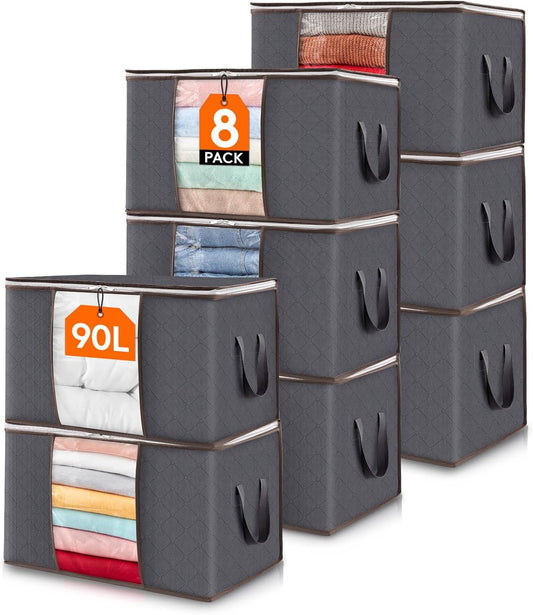 Lifewit 90L Large Storage Bags, 8 Pack Closet Organizers and Storage, Clothes Storage Bins with Lids, Foldable Storage Containers with Reinforced Handles for Clothing, Blanket, Bedding, Comforter Gray