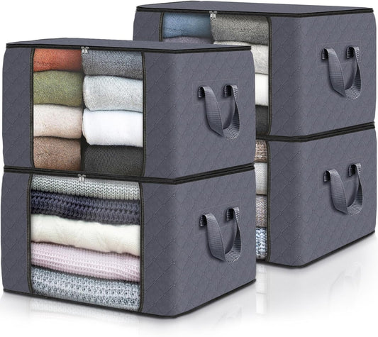 Fab totes 4 Pack Clothes Storage, Foldable Thick Fabric Blanket Storage Bags, Containers for Organizing Bedroom, Closet, Clothing, Comforter,Closet Organization with Handle,Grey