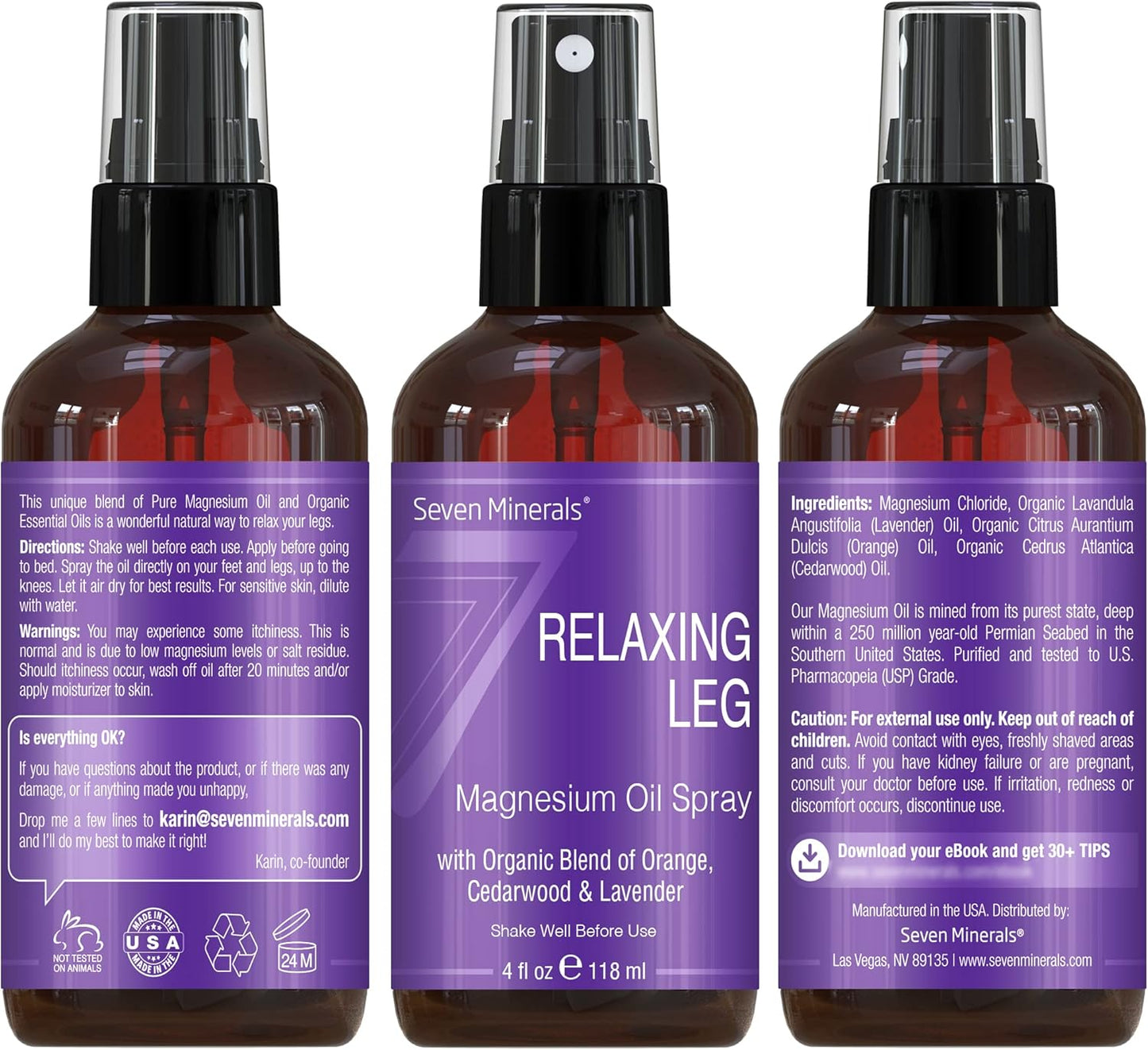 Seven Minerals Relaxing Leg Magnesium Spray, Powerful Blend of Essential Oils (Orange, Cedarwood, & Lavender), That Calms Legs Naturally. 4 fl oz,